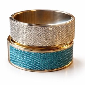 Shagreen Style Stackable Hinged Bangle Bracelet Set Turquoise Champagne 2pc Set
